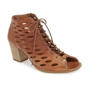 Paul Green Bali Lace Up‎ Leather Bootie Laser Cutouts Sandal Tan 3.5 UK/ 6 US